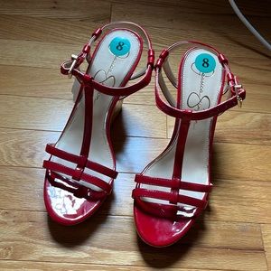 Jessica Simpson Jardina red faux patent leather, wedge cork heel, size 8